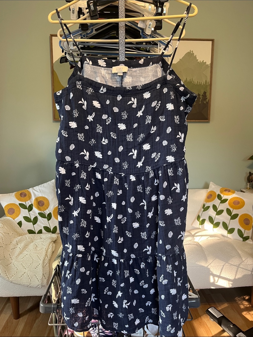 LOFT Navy and White Floral Tiered Sundress